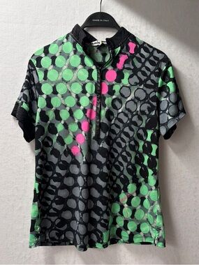Jamie Sadok funky retro colorblock golf shirt zip neck size M Black Green Art